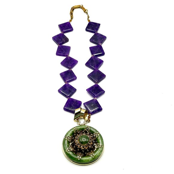 1970s-80s Asian-Inspired Medallion Necklace with Sugilite, Jade & Garnet - Picture 6 of 10